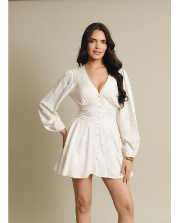 VESTIDO CORTO CON SHORT INTERNO EN LINO TEXTURIZADO, ELASTICO POSTERIOR PARA AJUSTE EN CINTURA