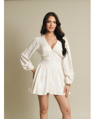 VESTIDO CORTO CON SHORT INTERNO EN LINO TEXTURIZADO, ELASTICO POSTERIOR PARA AJUSTE EN CINTURA